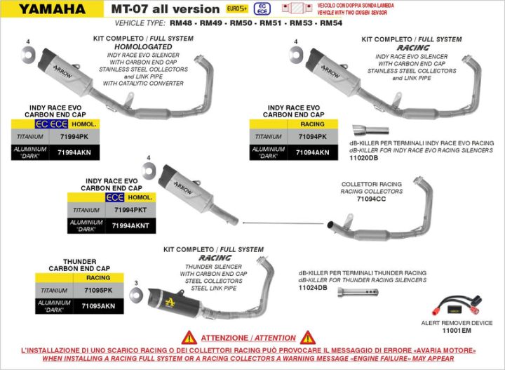 ARROW Yamaha MT-07 2025 Full System Racing With Indy Race EVO Titanium Slip Ons 71094PK