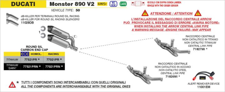 Arrow DUCATI MONSTER/MONSTER+ E5+ 2026 UPPER+LOWER ROUND-SIL TITANIUM SILENCERS 77021PR
